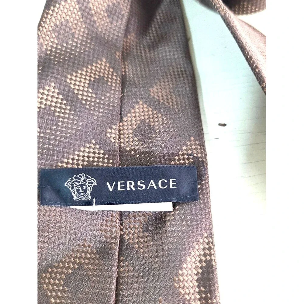 Versace Silk Tie Brown Geometric Medusa Logo Italy Designer Luxury Necktie Class